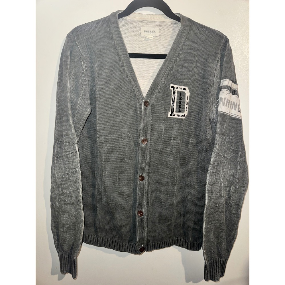 Diesel Repair Team Cardigan Grey Graphic V-Neck Sweater Mens XXL (L/XL) READ